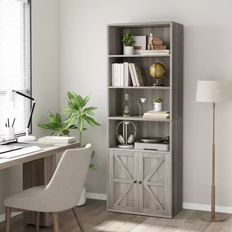 Farmhouse 71.4in Tall Bookcase with Doors 11.8in Depth Display Storage Shelves Industrial Bookcases Wooden 6 Shelf Bookshelves for Home Office