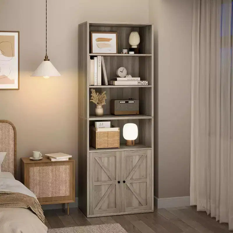 Farmhouse 71.4in Tall Bookcase with Doors 11.8in Depth Display Storage Shelves Industrial Bookcases Wooden 6 Shelf Bookshelves for Home Office