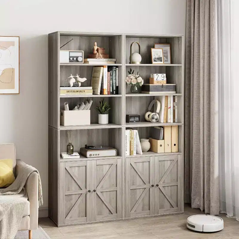 Farmhouse 71.4in Tall Bookcase with Doors 11.8in Depth Display Storage Shelves Industrial Bookcases Wooden 6 Shelf Bookshelves for Home Office
