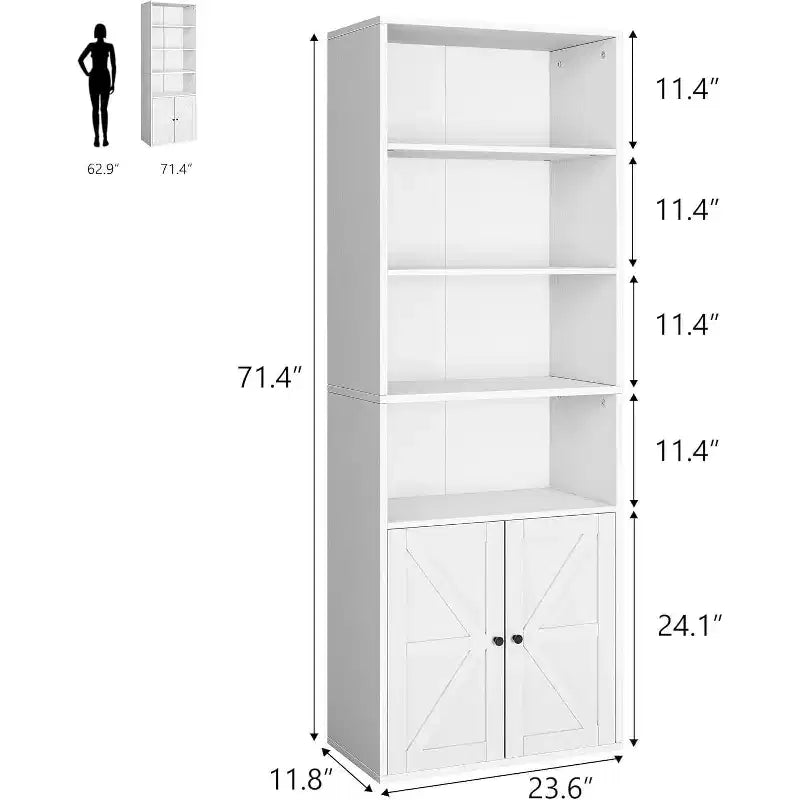 Farmhouse 71.4in Tall Bookcase with Doors 11.8in Depth Display Storage Shelves Industrial Bookcases Wooden 6 Shelf Bookshelves for Home Office