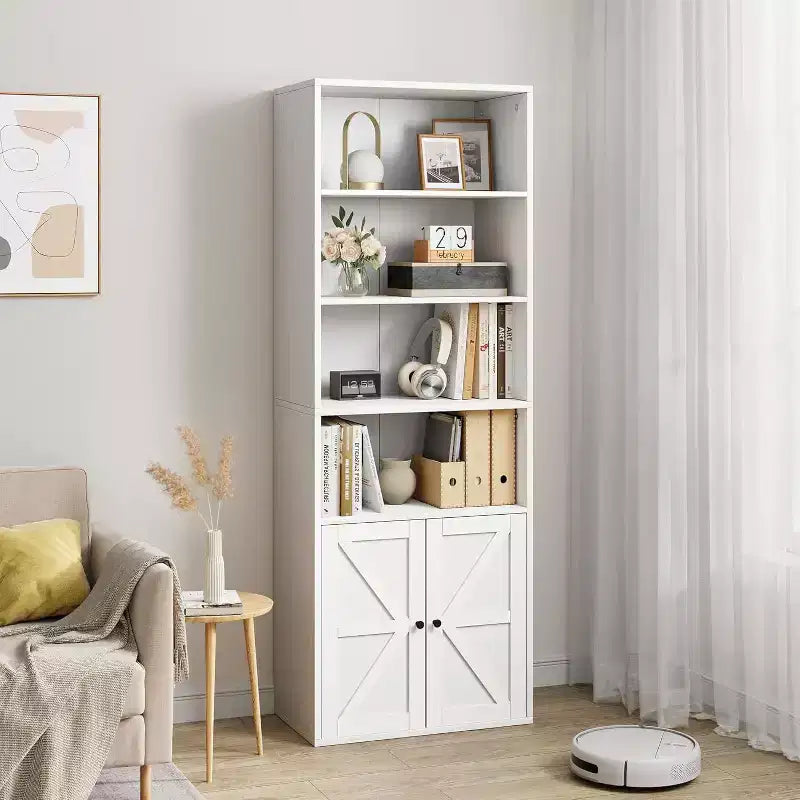 Farmhouse 71.4in Tall Bookcase with Doors 11.8in Depth Display Storage Shelves Industrial Bookcases Wooden 6 Shelf Bookshelves for Home Office