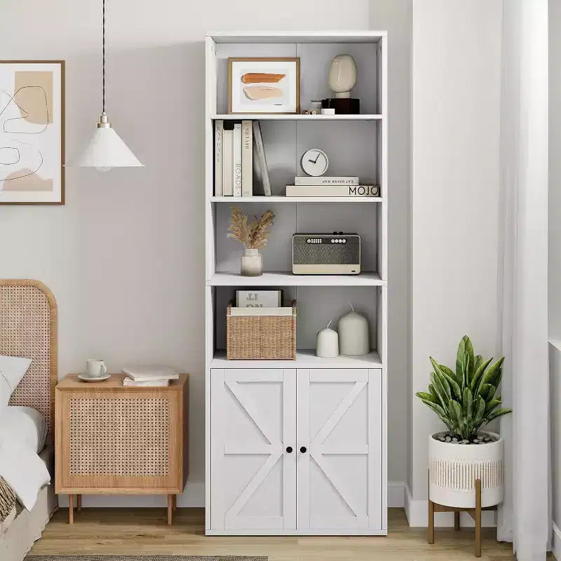Farmhouse 71.4in Tall Bookcase with Doors 11.8in Depth Display Storage Shelves Industrial Bookcases Wooden 6 Shelf Bookshelves for Home Office