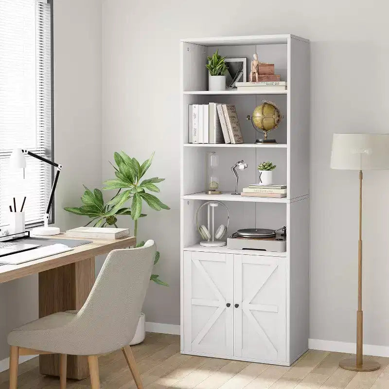 Farmhouse 71.4in Tall Bookcase with Doors 11.8in Depth Display Storage Shelves Industrial Bookcases Wooden 6 Shelf Bookshelves for Home Office