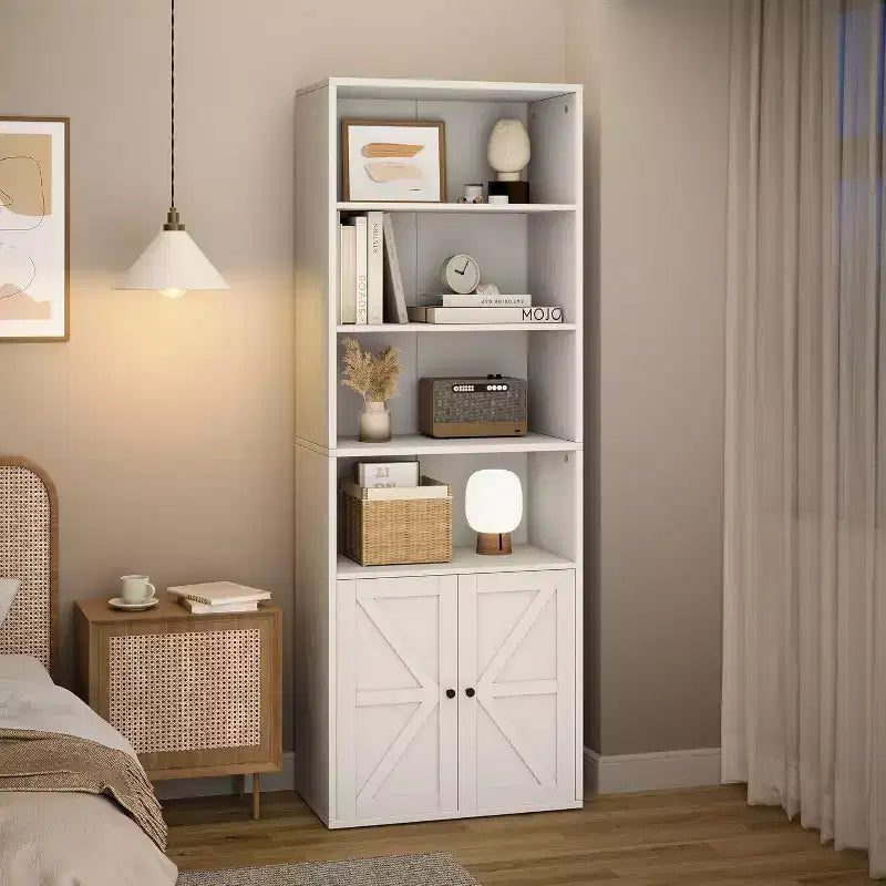 Farmhouse 71.4in Tall Bookcase with Doors 11.8in Depth Display Storage Shelves Industrial Bookcases Wooden 6 Shelf Bookshelves for Home Office
