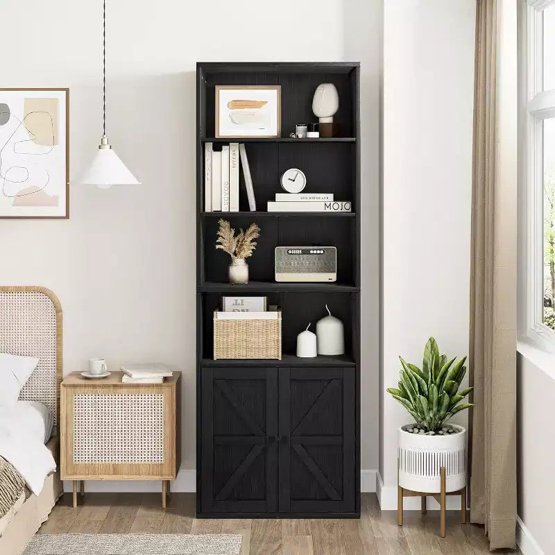 Farmhouse 71.4in Tall Bookcase with Doors 11.8in Depth Display Storage Shelves Industrial Bookcases Wooden 6 Shelf Bookshelves for Home Office