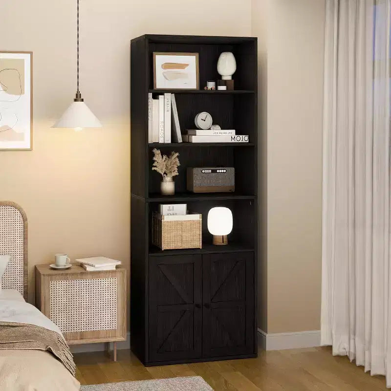 Farmhouse 71.4in Tall Bookcase with Doors 11.8in Depth Display Storage Shelves Industrial Bookcases Wooden 6 Shelf Bookshelves for Home Office