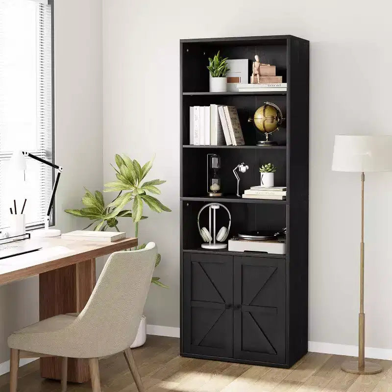Farmhouse 71.4in Tall Bookcase with Doors 11.8in Depth Display Storage Shelves Industrial Bookcases Wooden 6 Shelf Bookshelves for Home Office
