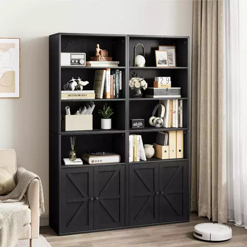 Farmhouse 71.4in Tall Bookcase with Doors 11.8in Depth Display Storage Shelves Industrial Bookcases Wooden 6 Shelf Bookshelves for Home Office