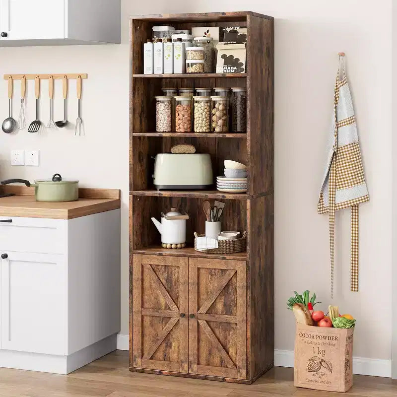 Farmhouse 71.4in Tall Bookcase with Doors 11.8in Depth Display Storage Shelves Industrial Bookcases Wooden 6 Shelf Bookshelves for Home Office