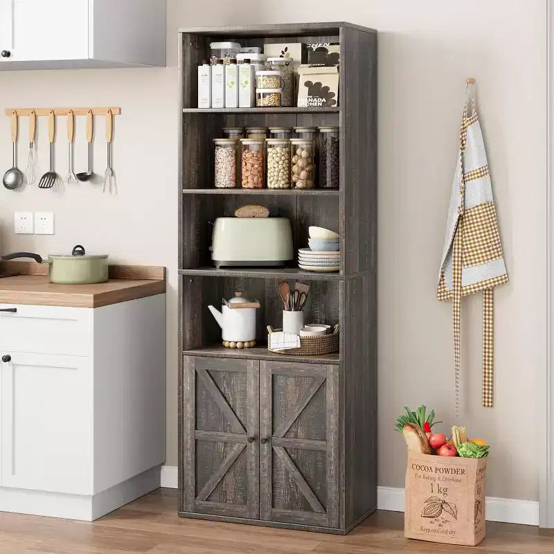 Farmhouse 71.4in Tall Bookcase with Doors 11.8in Depth Display Storage Shelves Industrial Bookcases Wooden 6 Shelf Bookshelves for Home Office