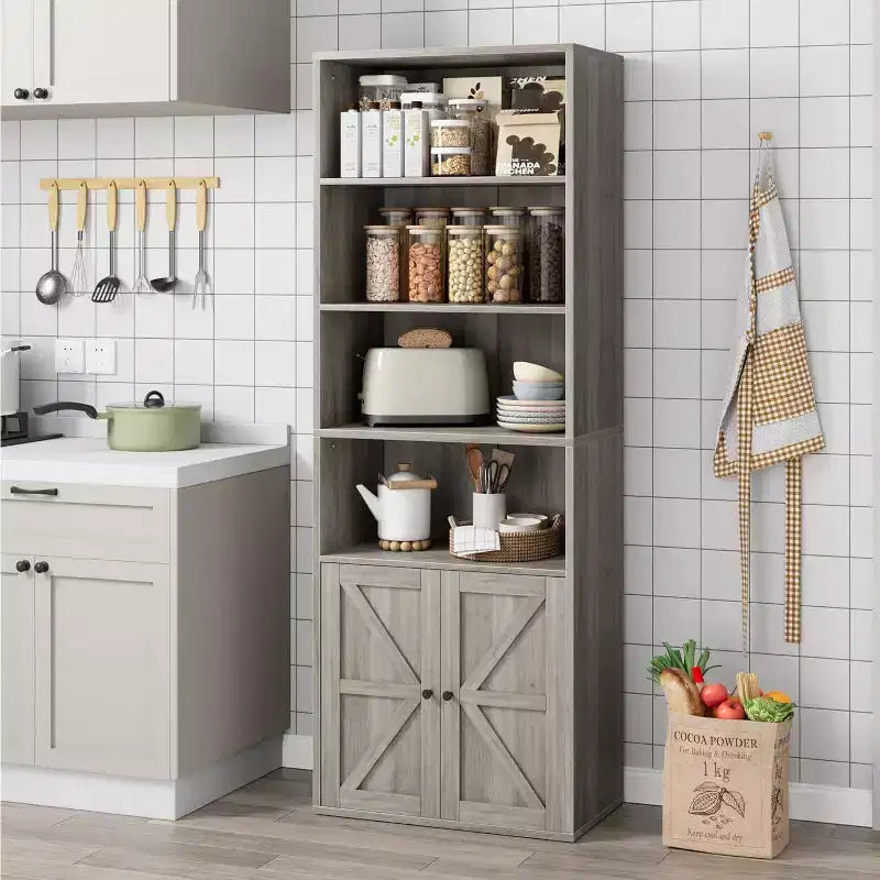 Farmhouse 71.4in Tall Bookcase with Doors 11.8in Depth Display Storage Shelves Industrial Bookcases Wooden 6 Shelf Bookshelves for Home Office