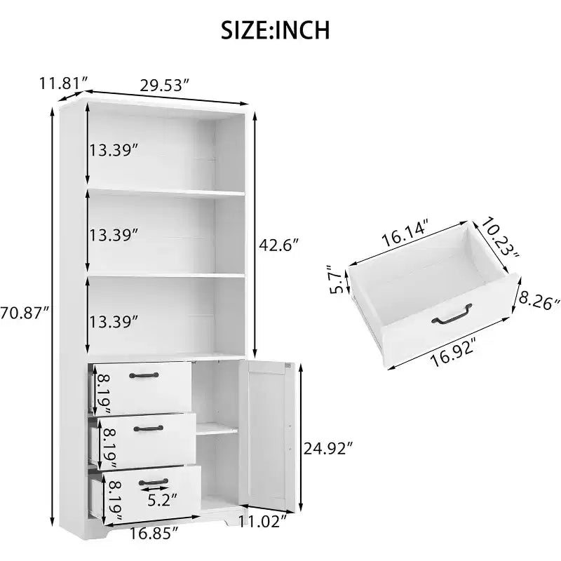 6-Tier Bookshelf with Door and 3 Drawers, 71 H Tall Bookcase with 3-Tier Open Shelves, Wooden Book Shelf w/Storage Cabinet for Home Office