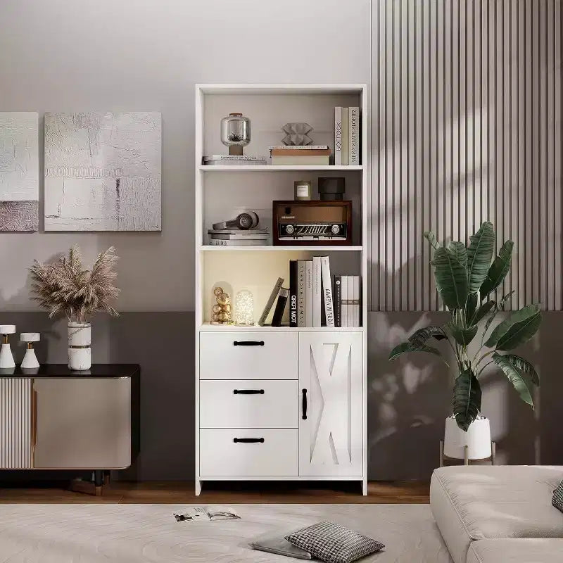 6-Tier Bookshelf with Door and 3 Drawers, 71 H Tall Bookcase with 3-Tier Open Shelves, Wooden Book Shelf w/Storage Cabinet for Home Office