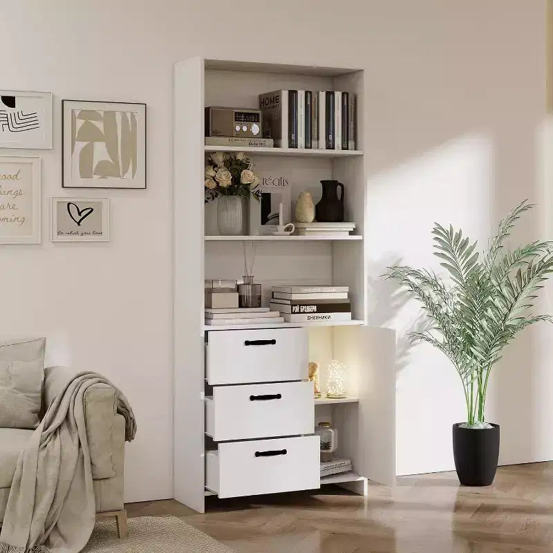 6-Tier Bookshelf with Door and 3 Drawers, 71 H Tall Bookcase with 3-Tier Open Shelves, Wooden Book Shelf w/Storage Cabinet for Home Office
