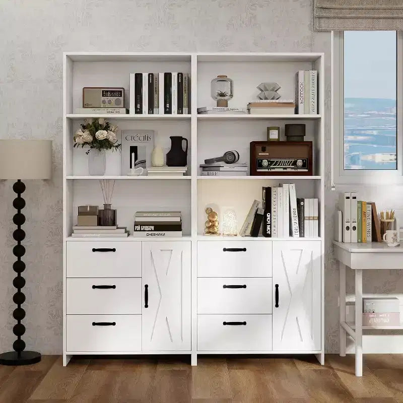 6-Tier Bookshelf with Door and 3 Drawers, 71 H Tall Bookcase with 3-Tier Open Shelves, Wooden Book Shelf w/Storage Cabinet for Home Office