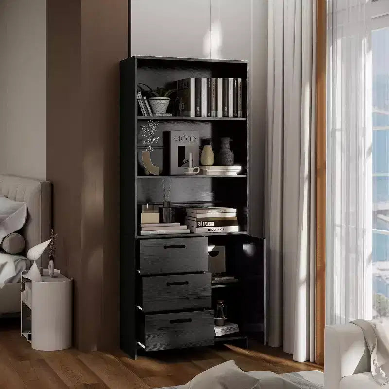 6-Tier Bookshelf with Door and 3 Drawers, 71 H Tall Bookcase with 3-Tier Open Shelves, Wooden Book Shelf w/Storage Cabinet for Home Office