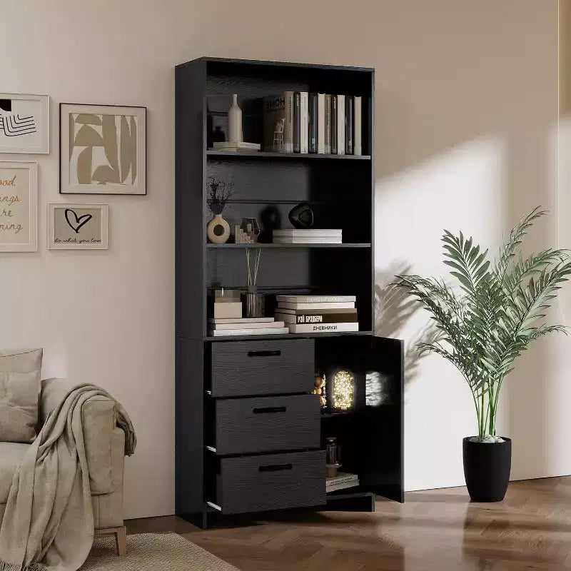 6-Tier Bookshelf with Door and 3 Drawers, 71 H Tall Bookcase with 3-Tier Open Shelves, Wooden Book Shelf w/Storage Cabinet for Home Office