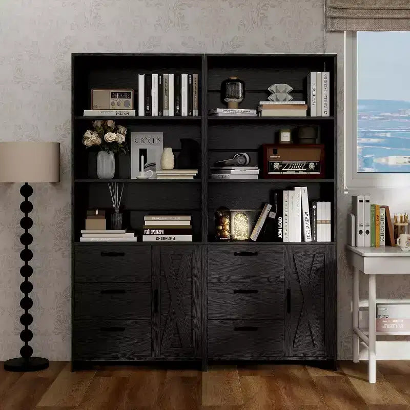 6-Tier Bookshelf with Door and 3 Drawers, 71 H Tall Bookcase with 3-Tier Open Shelves, Wooden Book Shelf w/Storage Cabinet for Home Office