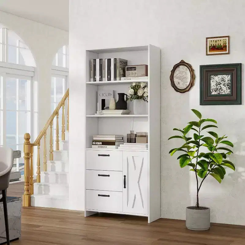 6-Tier Bookshelf with Door and 3 Drawers, 71 H Tall Bookcase with 3-Tier Open Shelves, Wooden Book Shelf w/Storage Cabinet for Home Office