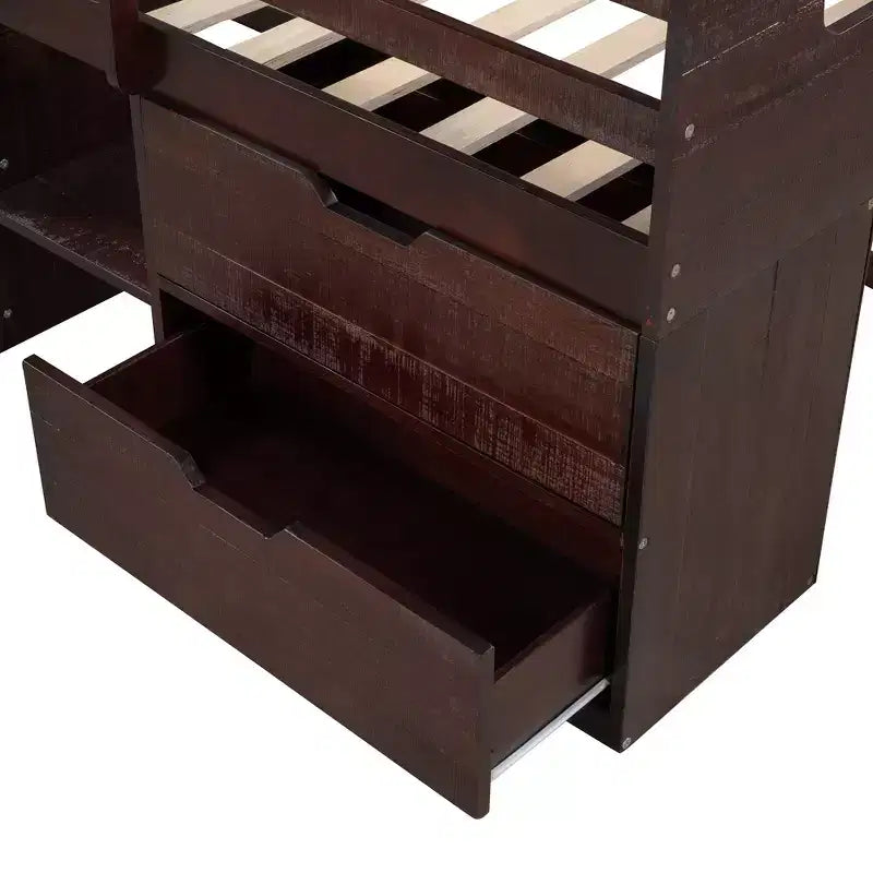 Twin Size Loft Bed with Storage Drawers, Wooden Low Loft Bed with Two Shelves for Kids