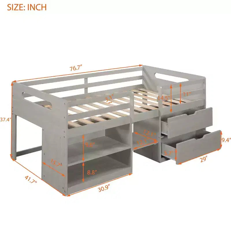 Twin Size Loft Bed with Storage Drawers, Wooden Low Loft Bed with Two Shelves for Kids
