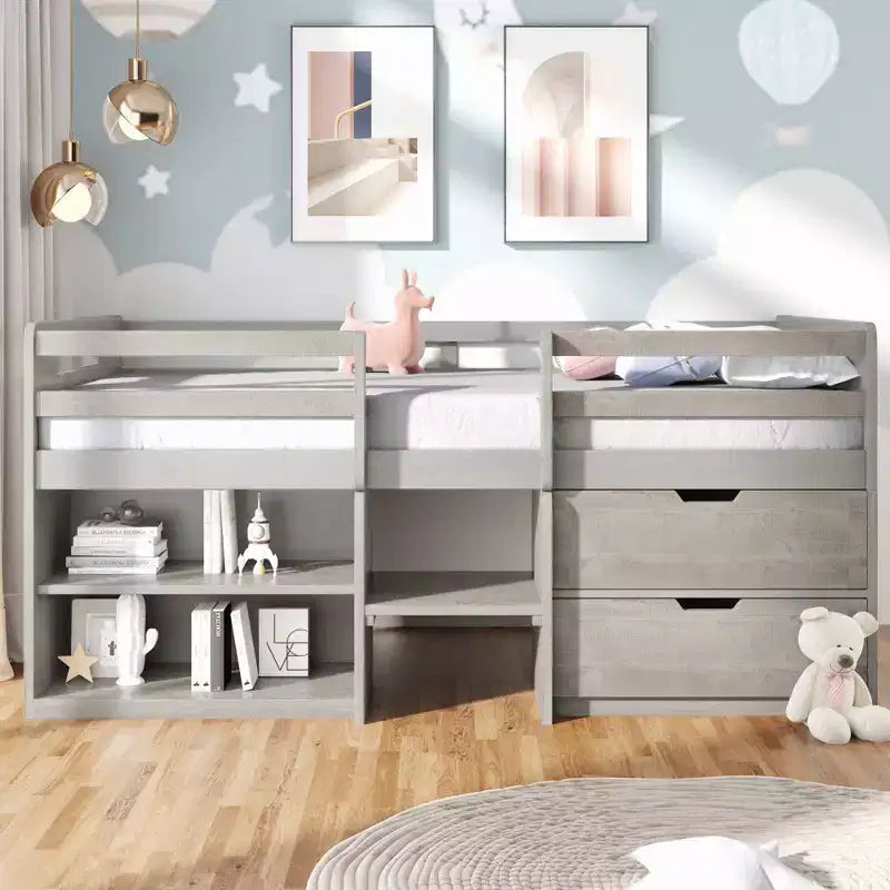 Twin Size Loft Bed with Storage Drawers, Wooden Low Loft Bed with Two Shelves for Kids