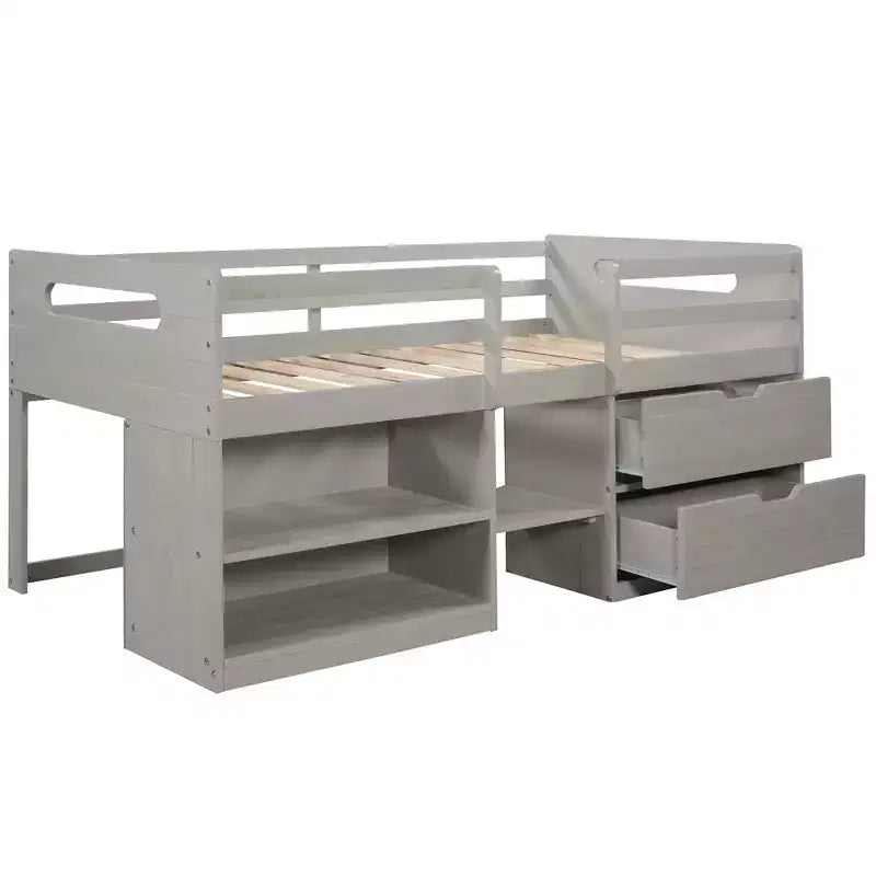 Twin Size Loft Bed with Storage Drawers, Wooden Low Loft Bed with Two Shelves for Kids