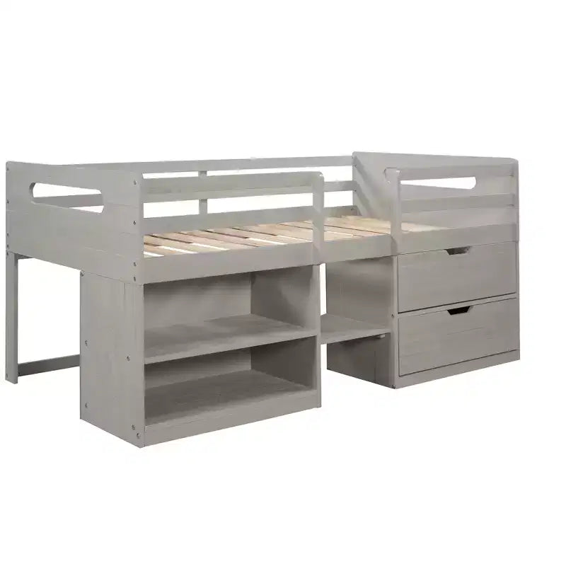 Twin Size Loft Bed with Storage Drawers, Wooden Low Loft Bed with Two Shelves for Kids