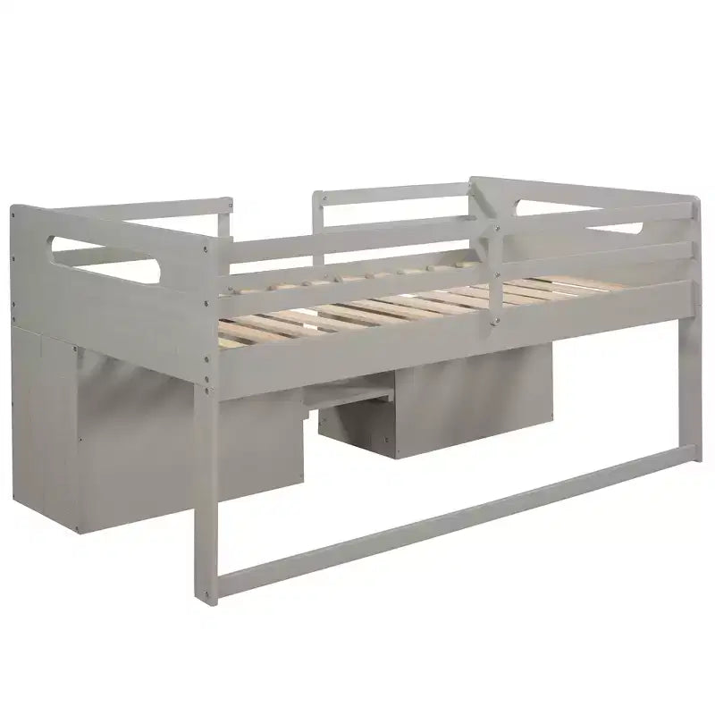 Twin Size Loft Bed with Storage Drawers, Wooden Low Loft Bed with Two Shelves for Kids