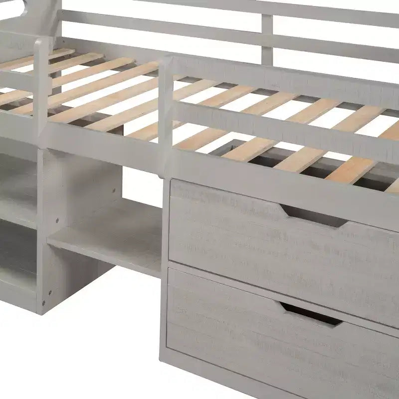 Twin Size Loft Bed with Storage Drawers, Wooden Low Loft Bed with Two Shelves for Kids
