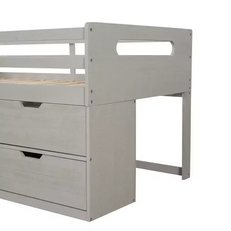 Twin Size Loft Bed with Storage Drawers, Wooden Low Loft Bed with Two Shelves for Kids