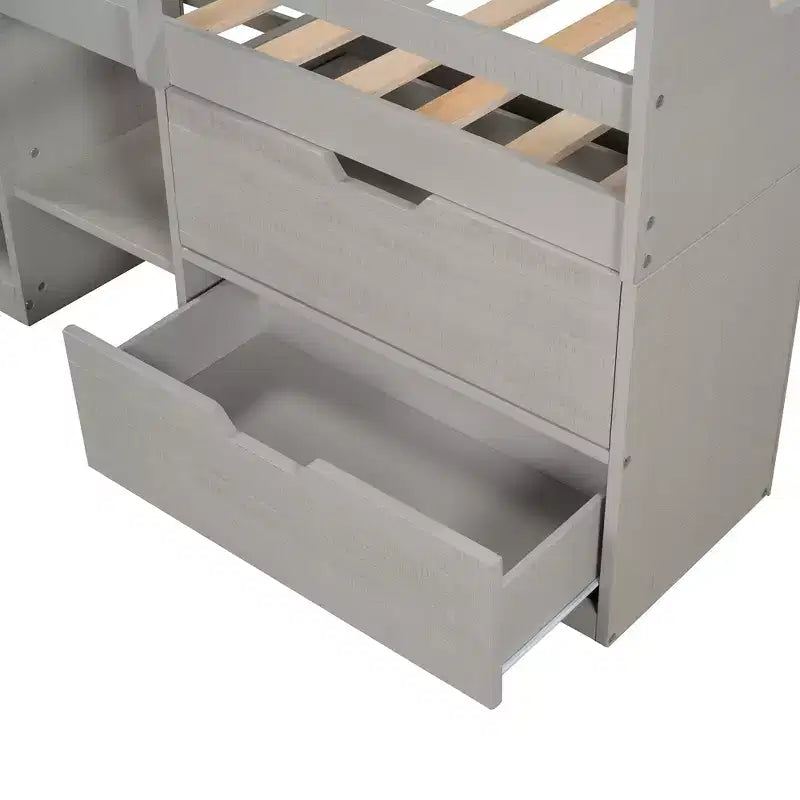 Twin Size Loft Bed with Storage Drawers, Wooden Low Loft Bed with Two Shelves for Kids