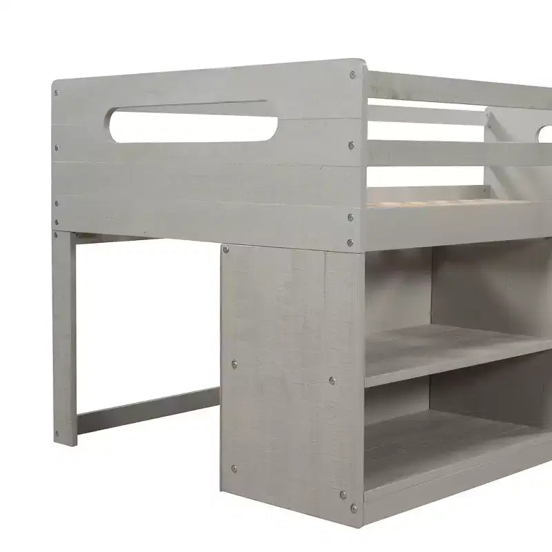 Twin Size Loft Bed with Storage Drawers, Wooden Low Loft Bed with Two Shelves for Kids