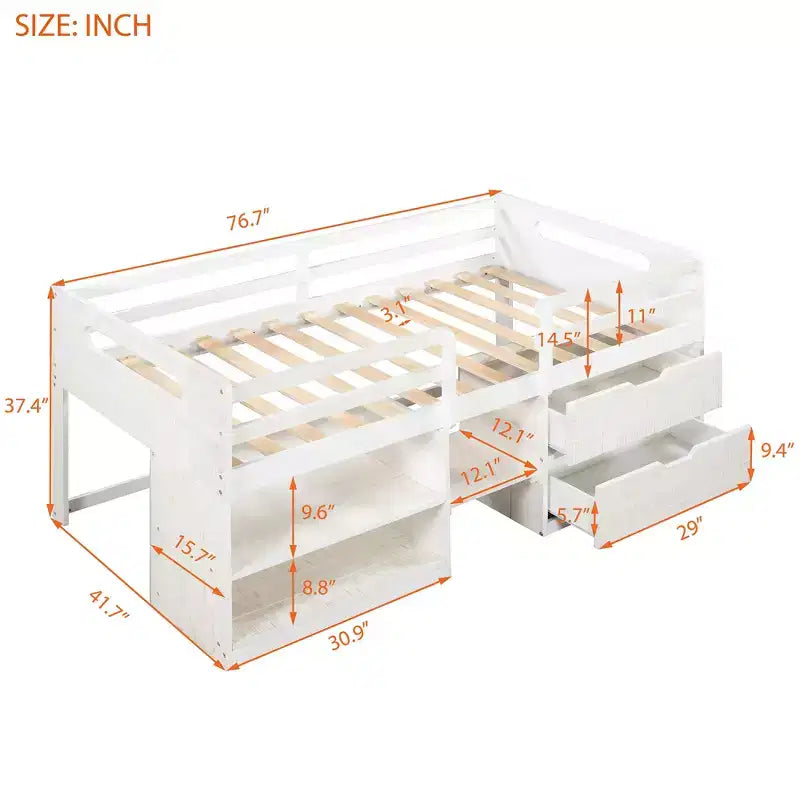 Twin Size Loft Bed with Storage Drawers, Wooden Low Loft Bed with Two Shelves for Kids