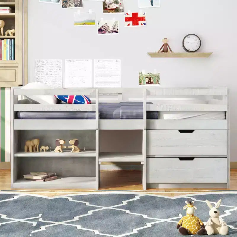 Twin Size Loft Bed with Storage Drawers, Wooden Low Loft Bed with Two Shelves for Kids
