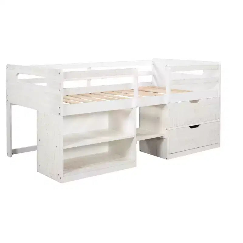 Twin Size Loft Bed with Storage Drawers, Wooden Low Loft Bed with Two Shelves for Kids