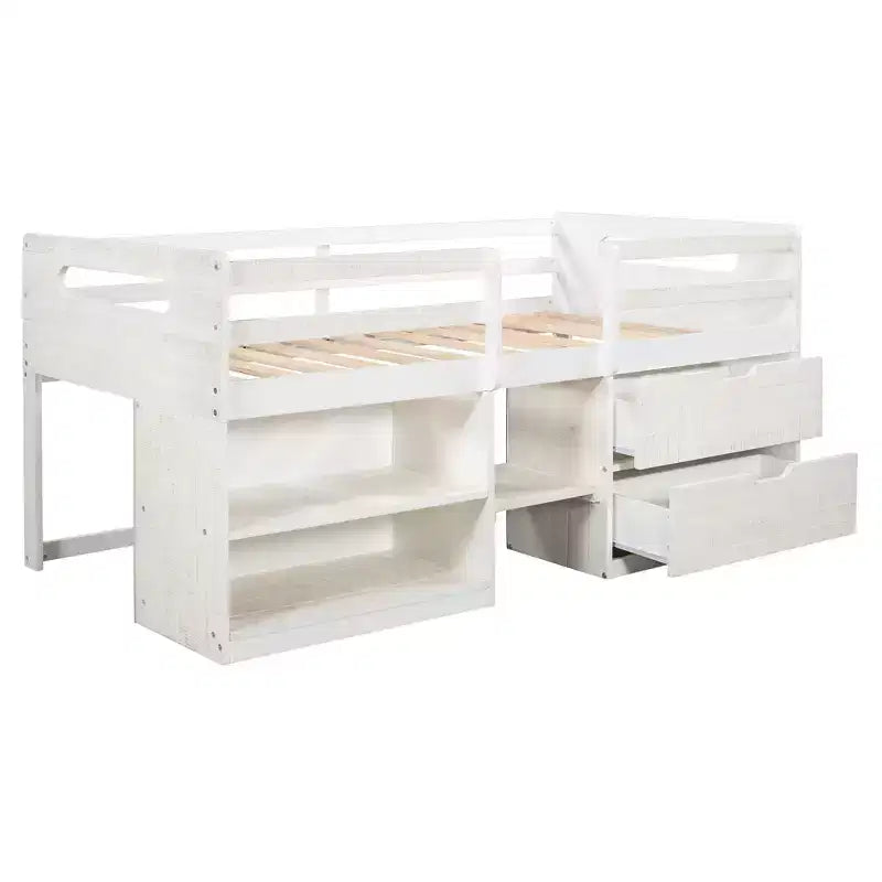 Twin Size Loft Bed with Storage Drawers, Wooden Low Loft Bed with Two Shelves for Kids
