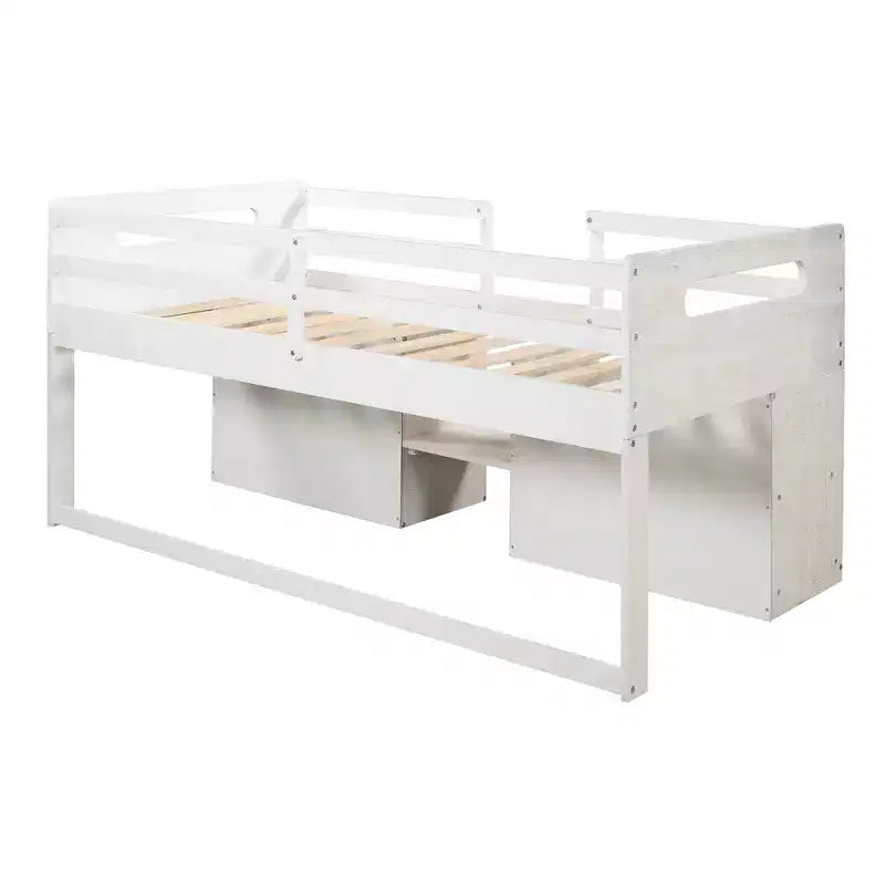 Twin Size Loft Bed with Storage Drawers, Wooden Low Loft Bed with Two Shelves for Kids