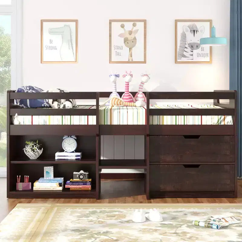 Twin Size Loft Bed with Storage Drawers, Wooden Low Loft Bed with Two Shelves for Kids