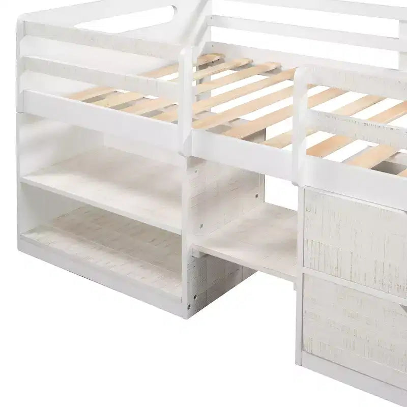 Twin Size Loft Bed with Storage Drawers, Wooden Low Loft Bed with Two Shelves for Kids