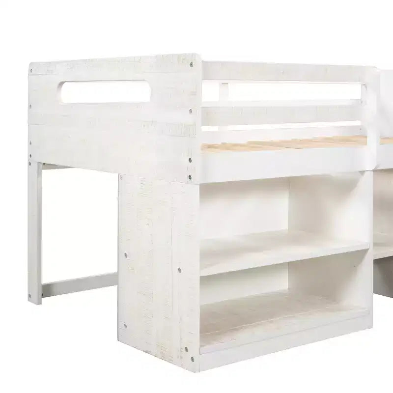 Twin Size Loft Bed with Storage Drawers, Wooden Low Loft Bed with Two Shelves for Kids