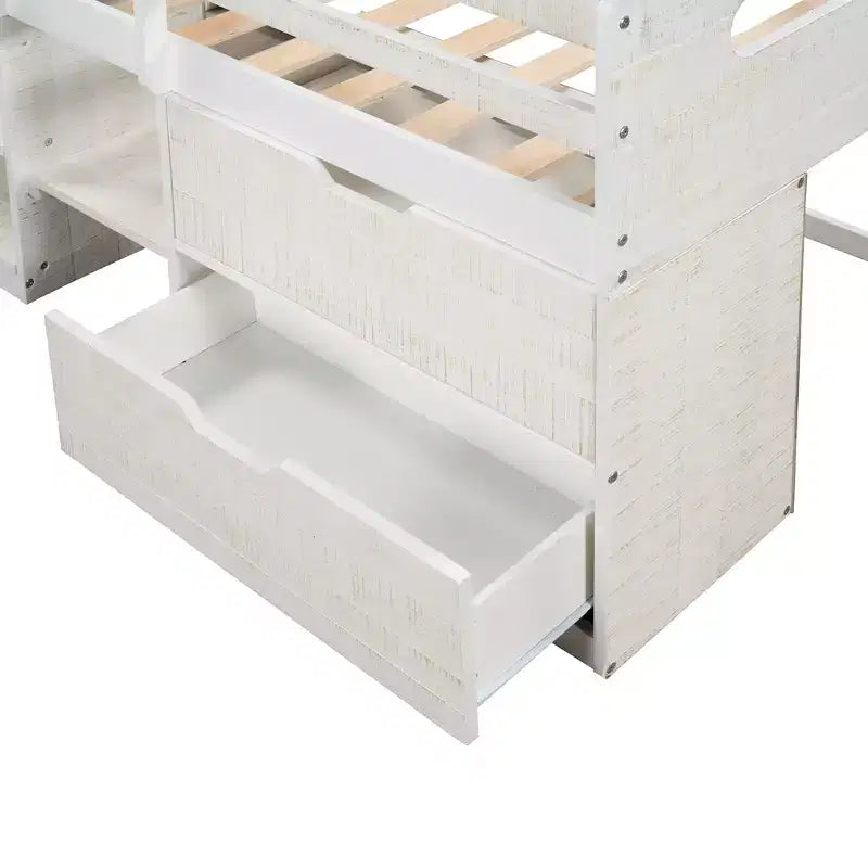 Twin Size Loft Bed with Storage Drawers, Wooden Low Loft Bed with Two Shelves for Kids