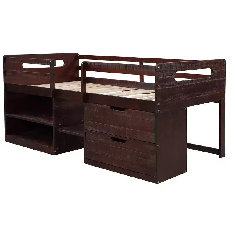 Twin Size Loft Bed with Storage Drawers, Wooden Low Loft Bed with Two Shelves for Kids