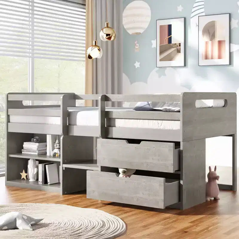 Twin Size Loft Bed with Storage Drawers, Wooden Low Loft Bed with Two Shelves for Kids
