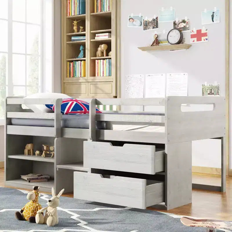 Twin Size Loft Bed with Storage Drawers, Wooden Low Loft Bed with Two Shelves for Kids