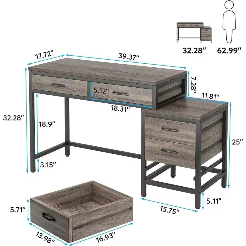 Lantine Computer Desk with 5 Drawers, Home Office Desk with Printer Stand, Industrial PC Desk with Storage for Small Spaces, Grey