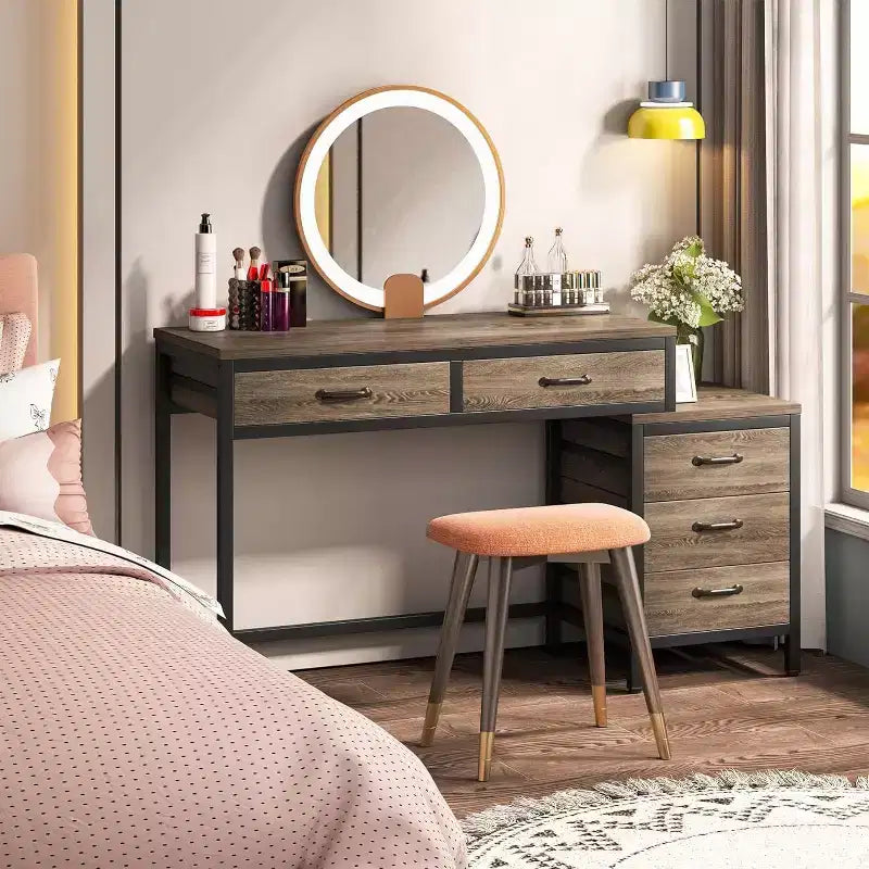 Lantine Computer Desk with 5 Drawers, Home Office Desk with Printer Stand, Industrial PC Desk with Storage for Small Spaces, Grey