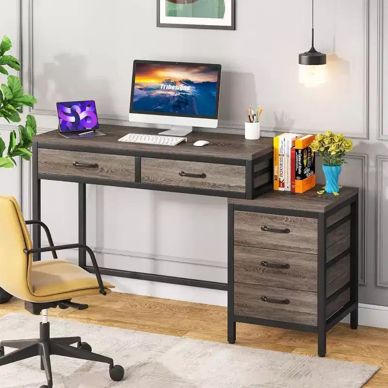 Lantine Computer Desk with 5 Drawers, Home Office Desk with Printer Stand, Industrial PC Desk with Storage for Small Spaces, Grey