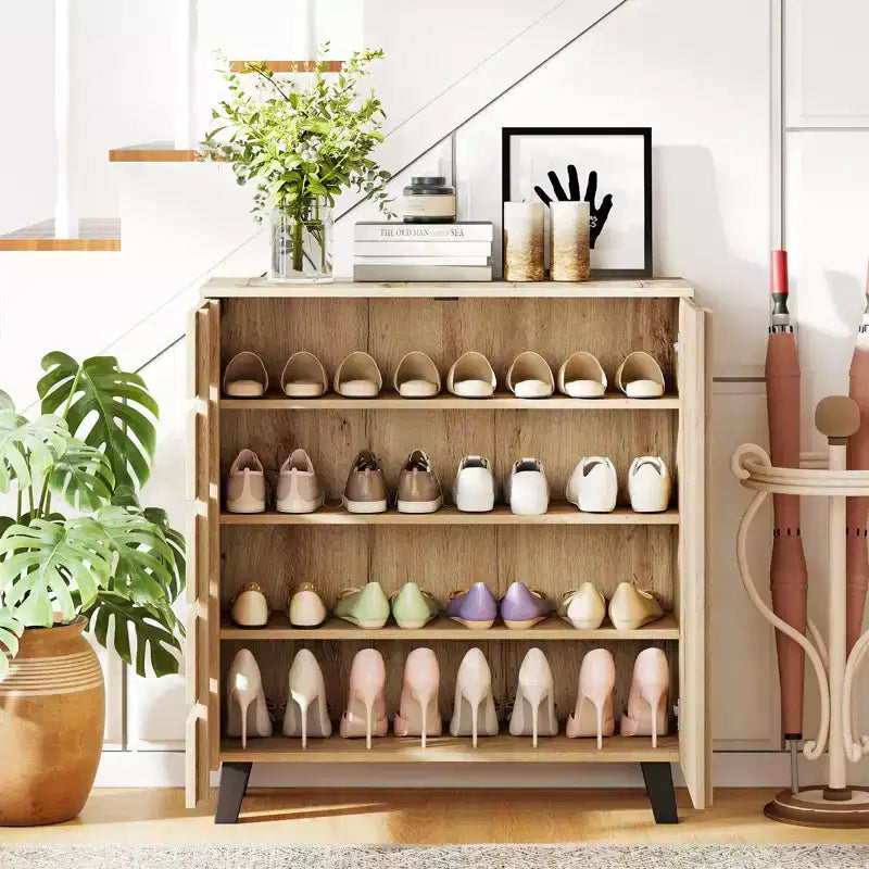 Costway 4-Tier Shoe Cabinet w/Louvered Door & Removable Shelves for Entryway Hallway