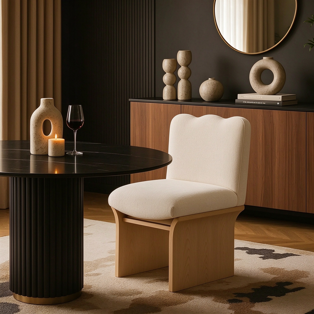 Chaise de salle à manger revêtue de tissu chenille crème